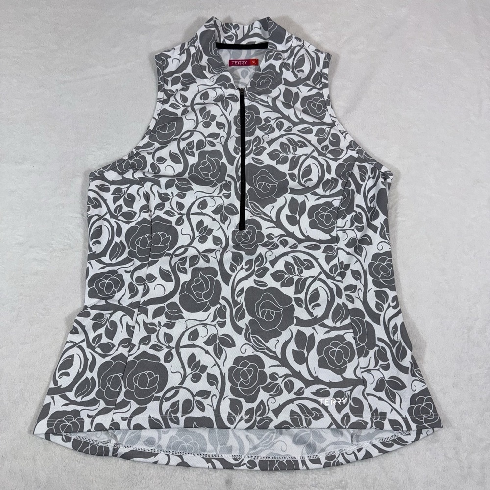 Terry Womens Sleeveless Cycling Jersey Grey White Floral Rose Half Zip XL USA